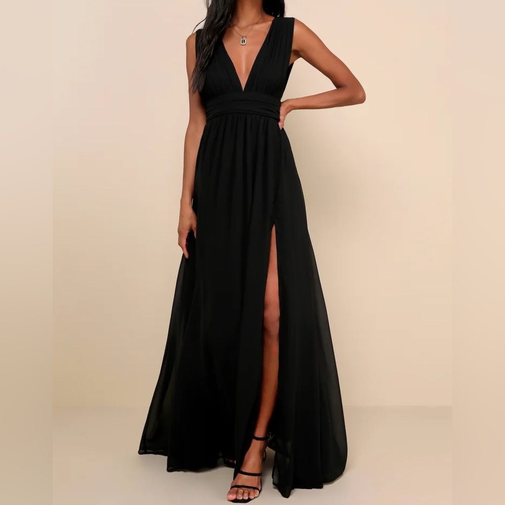 Lulus  Black Chiffon V-Neck Maxi Dress Romantic Flowy Goddess Formal Prom